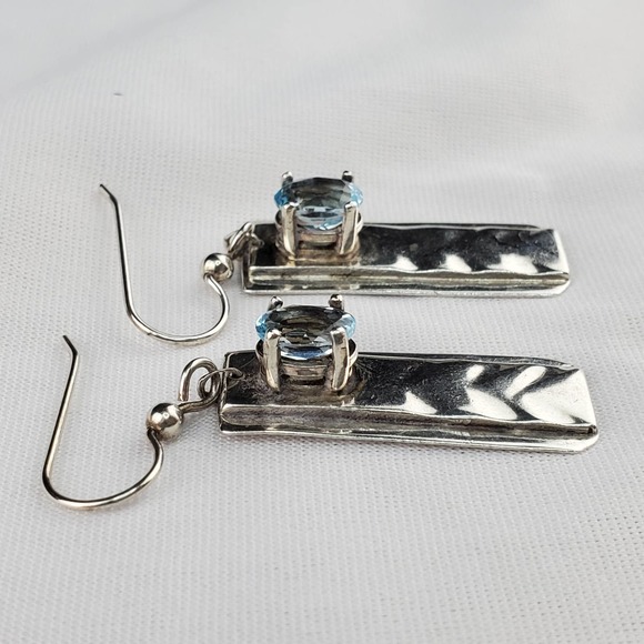 Hand Forged Sterling Silver Dangle Rectangle Earrings with Blue Topaz - Picture 4 of 13